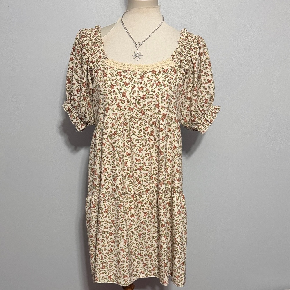 Umgee Cream Floral Mini Dress with Rust & Green Print